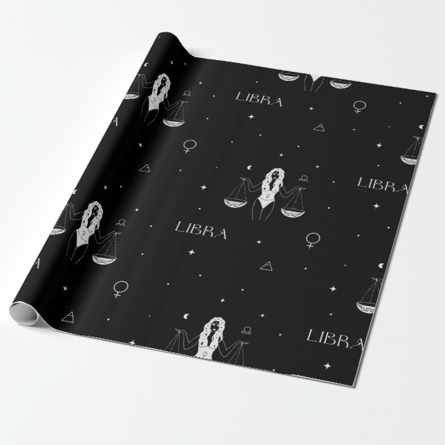 Papel De Presente Padrão Místico do Zodíaco de Libra em Preto e Bran (Desenrolado)
