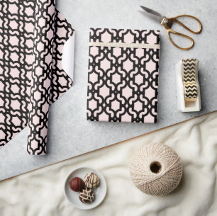 Papel De Presente Padrão Mod de Treliça Quatrefoil Preto/Rosa Marroq