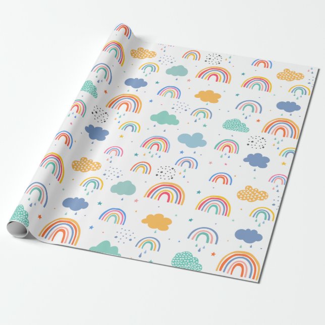 Papel De Presente Padrão moderno de arco-íris e nuvens (Desenrolado)