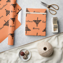 Papel De Presente Padrão Moderno de Árvore de Natal Laranja Preto Fe