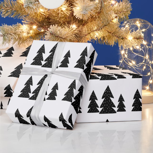 Papel De Presente Padrão Moderno de Árvore de Natal Preta Escandinav (Feriados)
