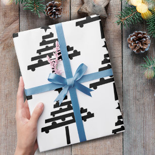 Papel De Presente Padrão Moderno de Árvore de Natal Preto e Branco