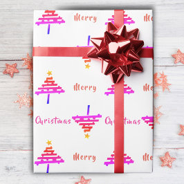 Papel De Presente Padrão Moderno de Árvore de Natal Rosa Arco-Íris F
