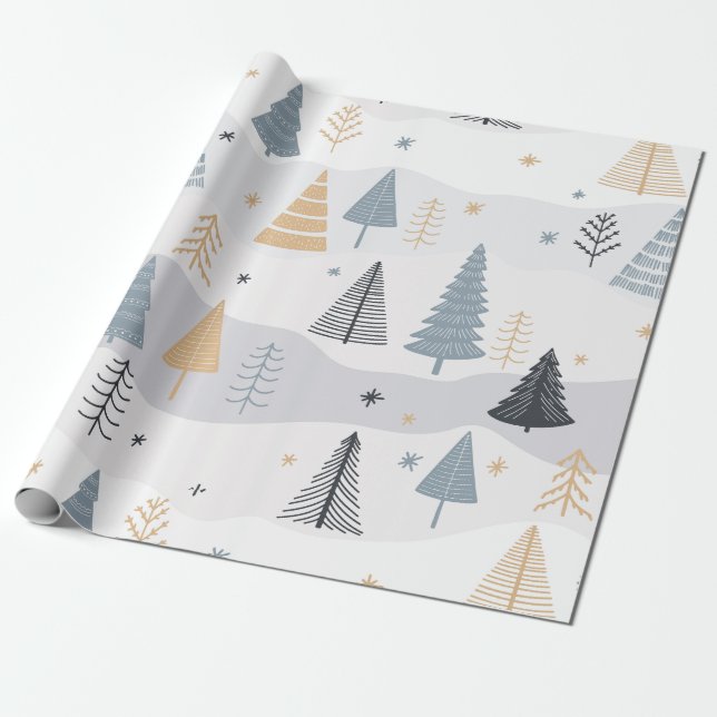 Papel De Presente Padrão Moderno de Árvore de Pinheiro Boho de Inver (Desenrolado)
