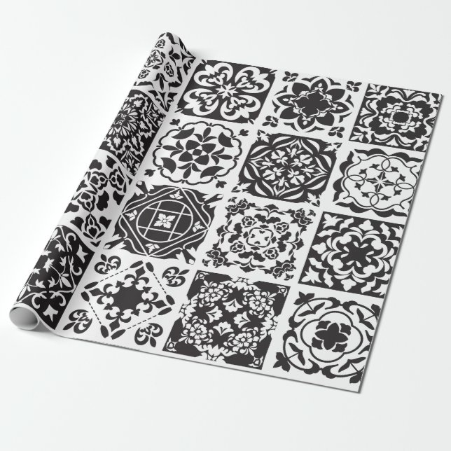 Papel De Presente Padrão moderno de Azulejo geométrico preto e branc (Desenrolado)