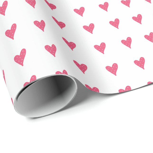 Papel De Presente Padrão Moderno de Coração Rosa em Branco (Ponta do rolo)