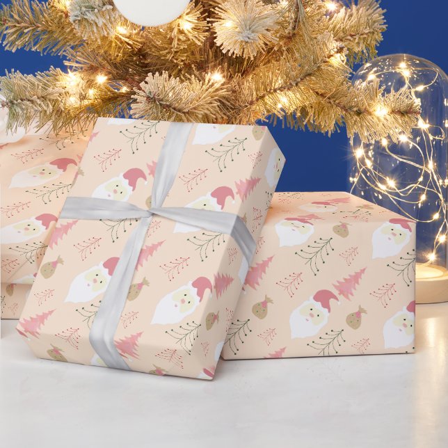 Papel De Presente Padrão Moderno de Férias do Papai Noel Rosa Fofo (Feriados)