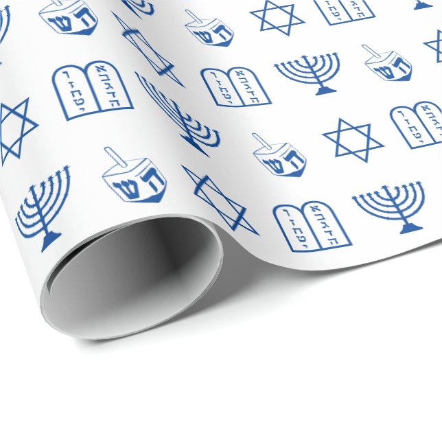 Papel De Presente Padrão moderno de ícones judaicos azuis Hanukkah (Ponta do rolo)