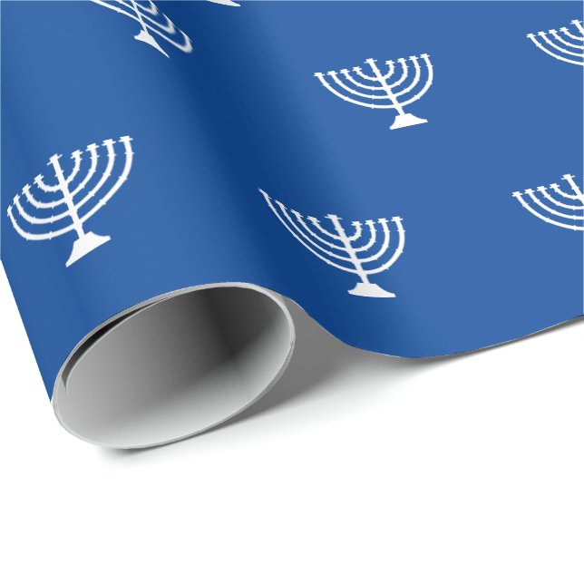 Papel De Presente Padrão moderno de menorah judaica azul e branca (Ponta do rolo)
