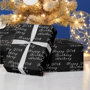 Papel De Presente Padrão Moderno Preto do Nome da Festa de aniversár