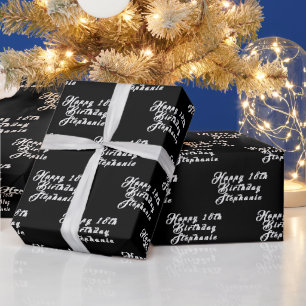 Papel De Presente Padrão Moderno Preto do Nome da Festa de aniversár