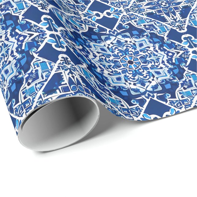 Papel De Presente Padrão mosaico em Indigo e Cobalto Azul (Ponta do rolo)