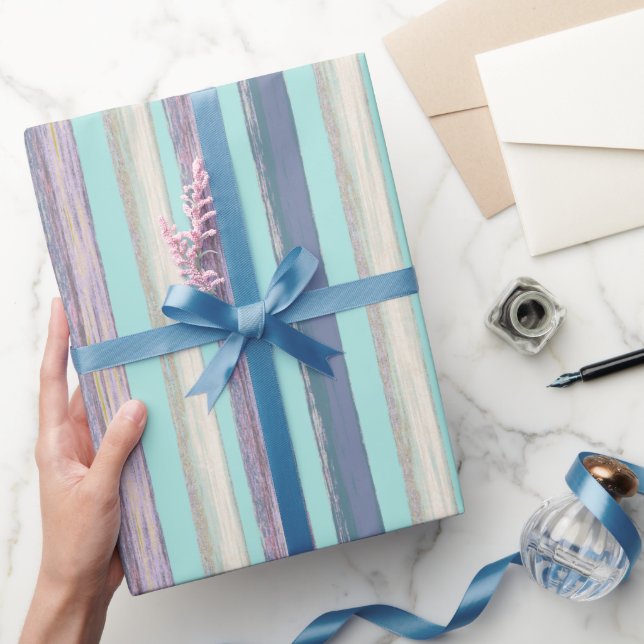 Papel De Presente Padrão na moda Aqua Blue Purple Beach Hut Stripe (Presentear)