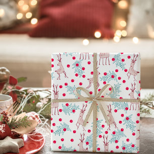 Papel De Presente Padrão Natalino Caprichoso de Rena e Frutas Vermel