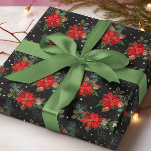 Papel De Presente Padrão Natalino Floral de Inverno de Poinsettia Ve