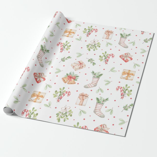 Papel De Presente Padrão Natalino Rústico e Fofo em Aquarela (Desenrolado)
