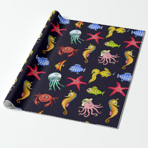 Papel De Presente Padrão náutico fabuloso com um mar laranja diver