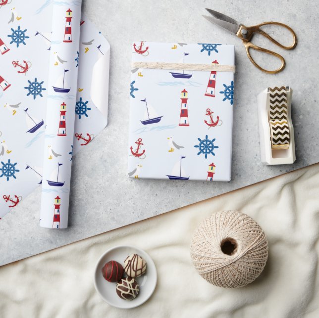 Papel De Presente Padrão Náutico, Padrão Marinho, Navegação, Âncoras (Artesanato)