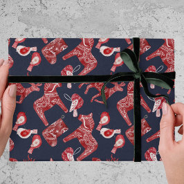 Papel De Presente Padrão Nórdico Escandi Folk Dala Cavalo Natal