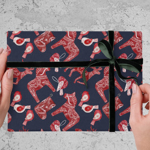 Papel De Presente Padrão Nórdico Escandi Folk Dala Cavalo Natal 