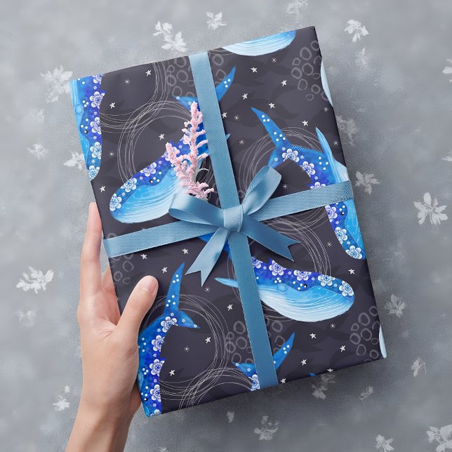 Papel De Presente Padrão Noturno de Baleia Azul Celestial (Criador carregado)