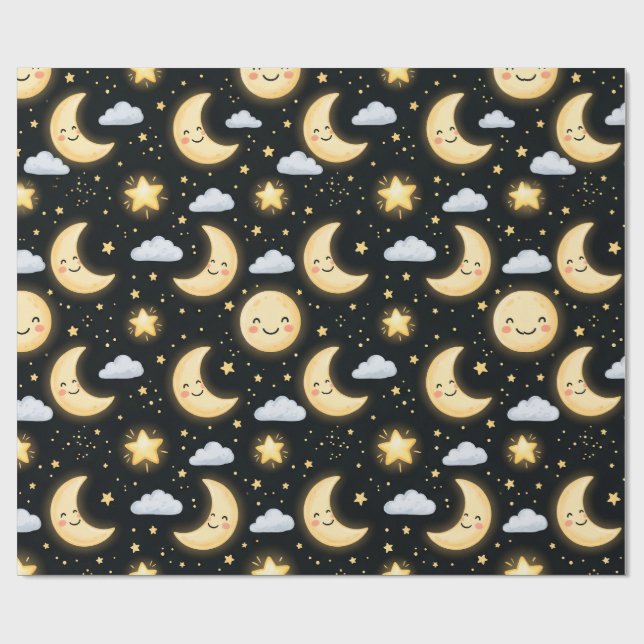 Papel De Presente Padrão Noturno de Lua e Estrelas Fofos (Aberto)