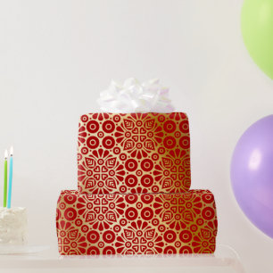 Papel De Presente Padrão oriental de ouro vermelho elegante