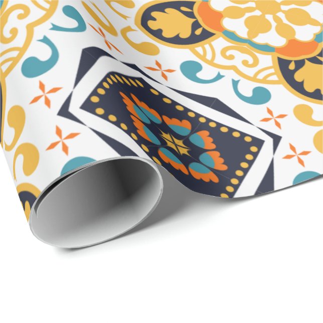 Papel De Presente Padrão ornamentado com geométrico amarelo e azul  (Ponta do rolo)