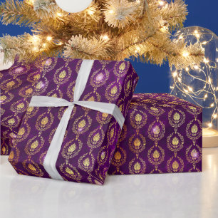 Papel De Presente Padrão Ornamental de Brilho Roxo e Dourado