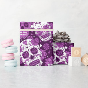 Papel De Presente Padrão ornamental floral de crânio de açúcar roxo