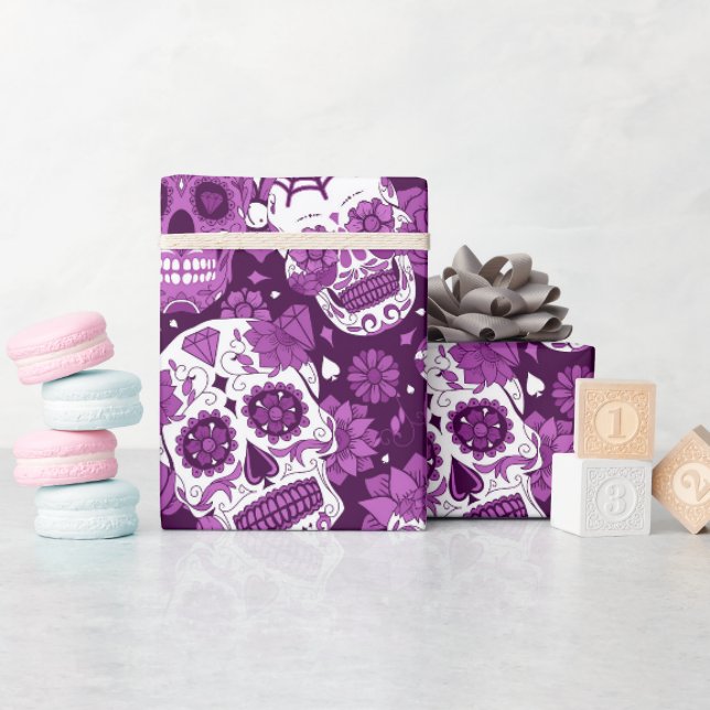 Papel De Presente Padrão ornamental floral de crânio de açúcar roxo (Chá de bebê)
