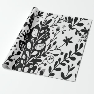 Papel De Presente Padrão Ornamental Floral Preto e Branco Elegante