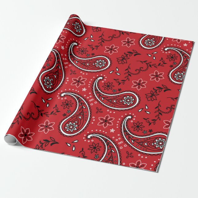 Papel De Presente Padrão Ousado de Paisley Vermelho com Acento Flora (Desenrolado)