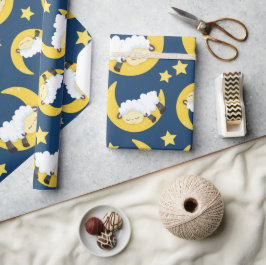 Papel De Presente Padrão Ovino, Ovelhas Dormindo, Lua, Estrelas