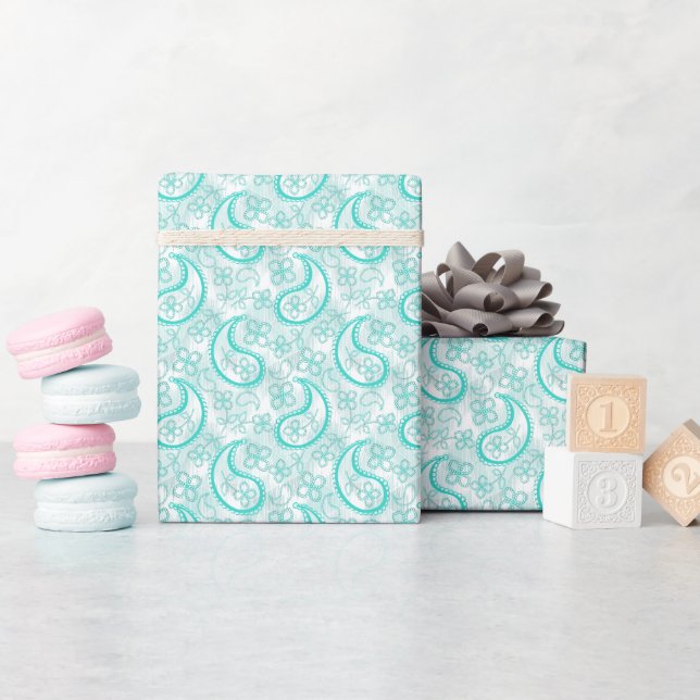 Papel De Presente padrão paisley azul turquesa monocromático (Chá de bebê)