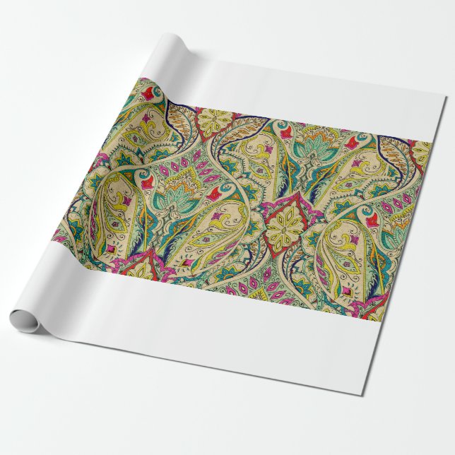 Papel De Presente Padrão paisley na Índia, borda decorativa. (Desenrolado)