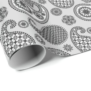 Papel De Presente Padrão paisley, tons de cinza, preto e branco