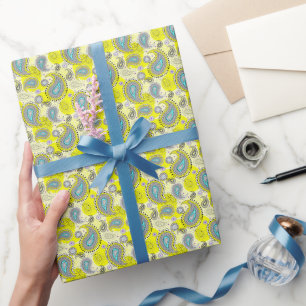 Papel De Presente Padrão Paisley Tribal Amarelo Limão Turquesa