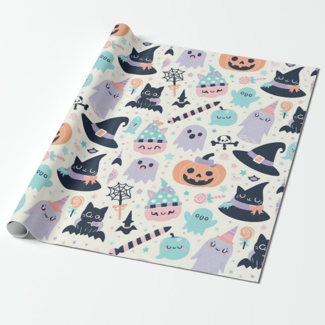Papel De Presente Padrão Pastel Divertido de Halloween (Desenrolado)
