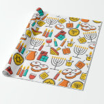 Papel De Presente Padrão perfeito de Hanukkah. Jewish Holiday Hanukk<br><div class="desc">Padrão perfeito de Hanukkah. Símbolo de Hanukkah Feriado Judeu. Menorah (veludo), velas, rosquinhas (suganiyan), presentes, dreidel, moedas, petróleo. Feliz Hannukah em hebraico.</div>