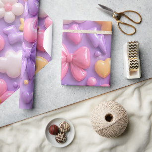 Papel De Presente Padrão Perfeito de Laços e Corações Pastel Kawaii