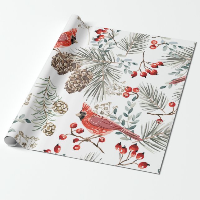 Papel De Presente Padrão perfeito de Natal, aves cardeais, vermelho (Desenrolado)