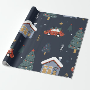 Papel De Presente Padrão perfeito de Natal com árvore de natal, carr