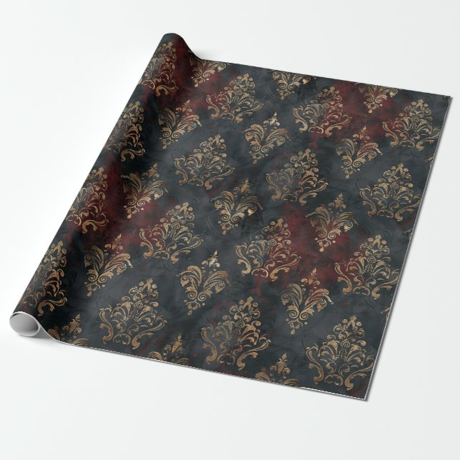 Papel De Presente Padrão Persa Dourado Damask Noir (2) (Desenrolado)
