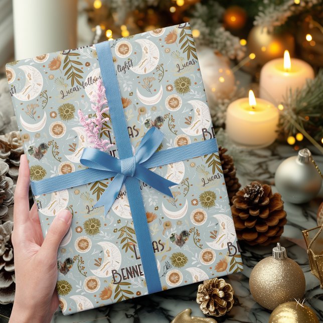 Papel De Presente Padrão Personalizado Boho Celestial de Lua e Estre (Criador carregado)