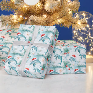 Papel De Presente Padrão Personalizado de Natal Náutico Santa Golfin