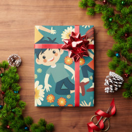 Papel De Presente Padrão Personalizado Floral De Meninos Cheerful