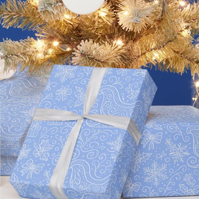 Papel De Presente Padrão Polar Blue Doodle no Natal (Criador carregado)