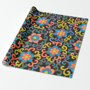 Papel De Presente Padrão Preto Chic com Floral Colorido