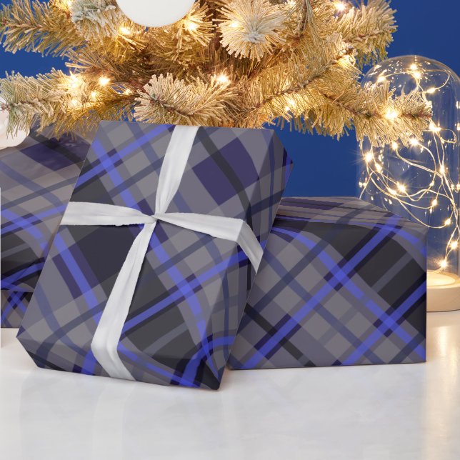 Papel De Presente Padrão Preto da Cinza Azul Tartan Moderno (Feriados)